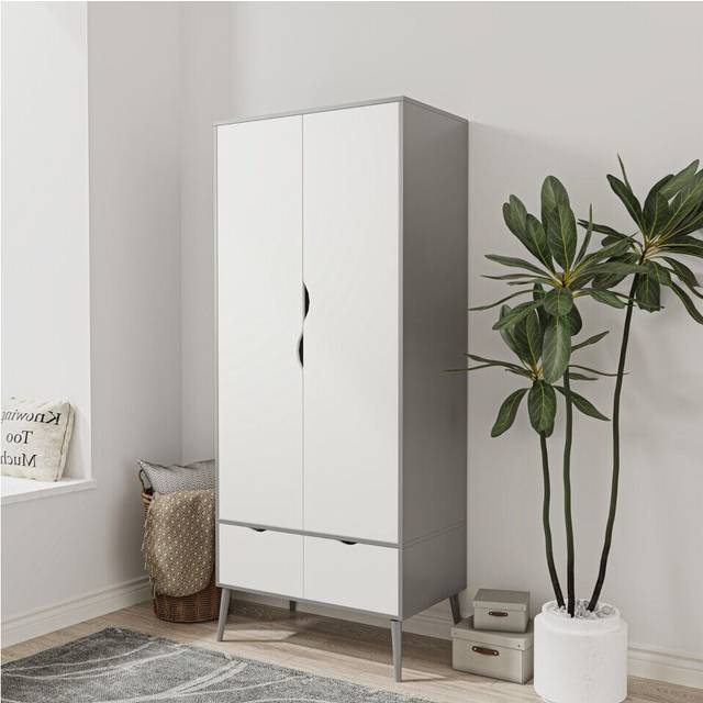 (Grey White) 2 Door 2 Drawer Wardrobe with Scandi Legs Cupboard Hanging Rail 180cm