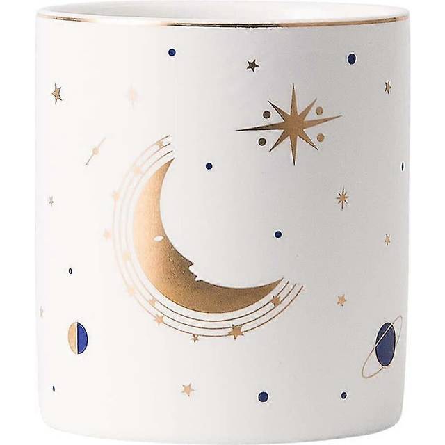 (As show, One size) ceramic desk cute pen holder for kids stand moon round pencil cup pot desk organizer makeup brush holder (moon-white)