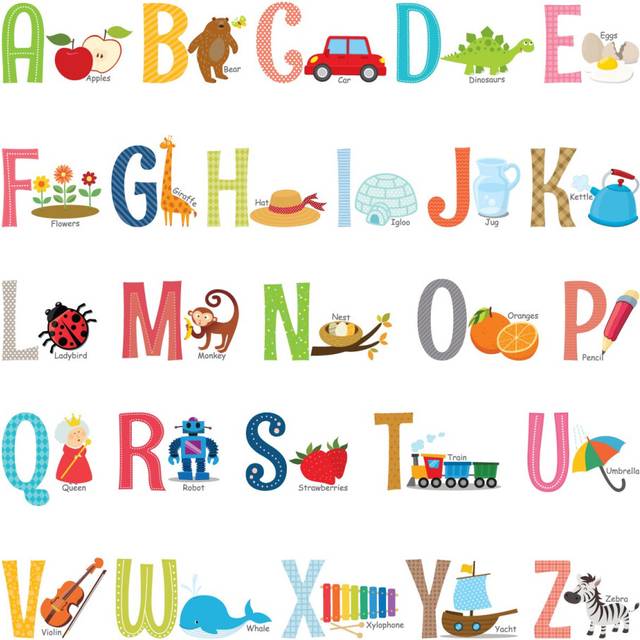 DS-8023 Alphabet ABC with Pictures (Small) Kids Wall Stickers Decals Peel and Stick Removable for Nursery Bedroom Living Room Art murals Decorations
