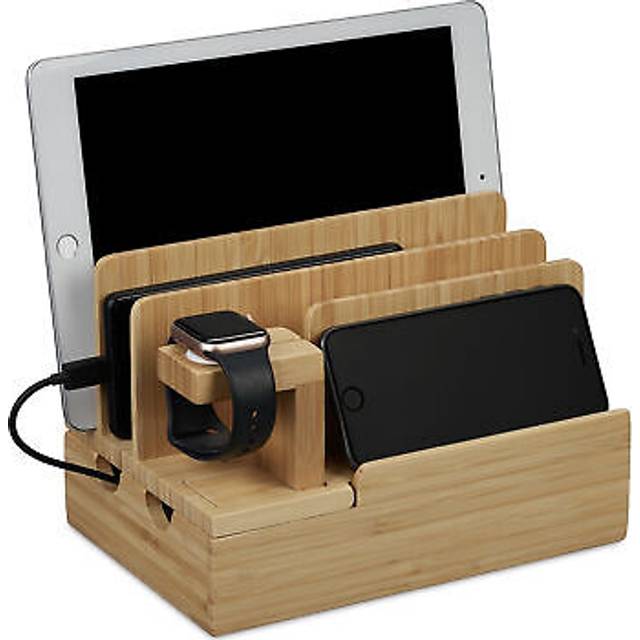 Relaxdays laddningsstation, för Apple Watch, bambu, HxBxD 15 x 21,5 x 15 cm, mobiltelefonstation, surfplattehållare, klockstativ, natur