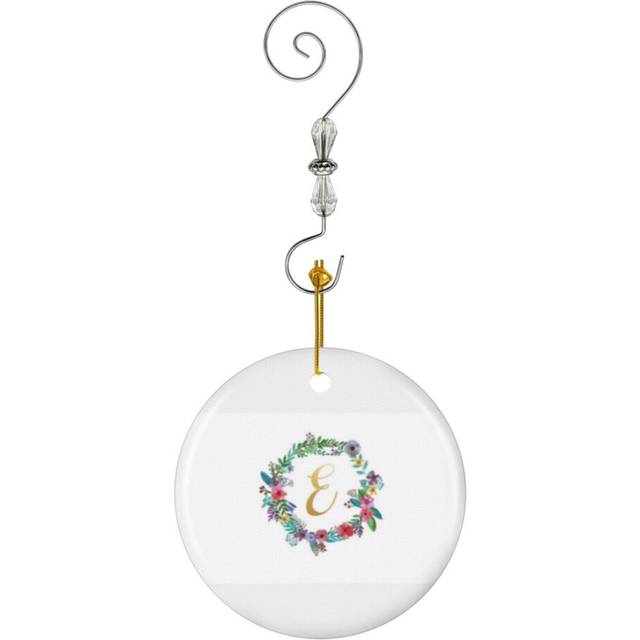 (Floral Initial Wreath Monogram E-7125) Christmas Ornaments Ceramic Charm with Hook Crystal Handmade Xmas Tree Decorations KeepsakeÂStocking Stuffer
