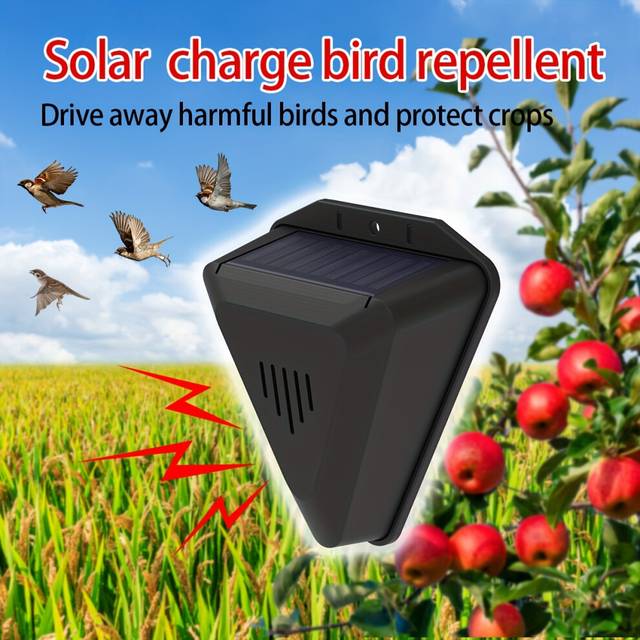 (N911Q-Black) Solar-Powered Bird Repeller with 13 Deterrent Sounds - Rechargeable, Perfect for Gardens, Farms & Yards, Built In, Keep Bird And Keeo Wi