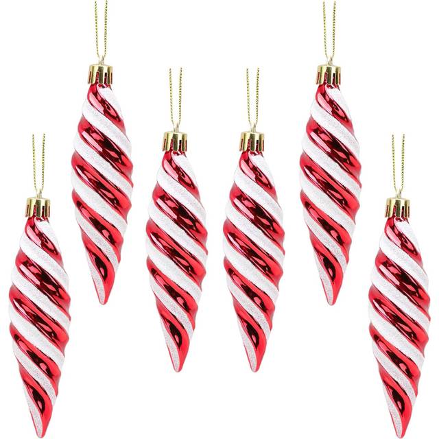 Christmas Pack of 6 - 110mm Large Spiral Shaped Baubles - Shiny & Glitter Decorated - Christmas Tree Decorations
