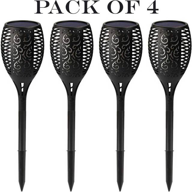(Black - 4 Pack) Set 2/4 Solar Dancing Flame LED Torch Garden Light