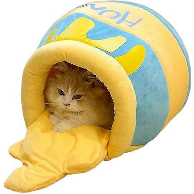 (Blue, One size) Cute Honey Pot Cat Bed Enclosed Winter Warm Pet Dog House Universal Comfortable Pet Plush Kennel