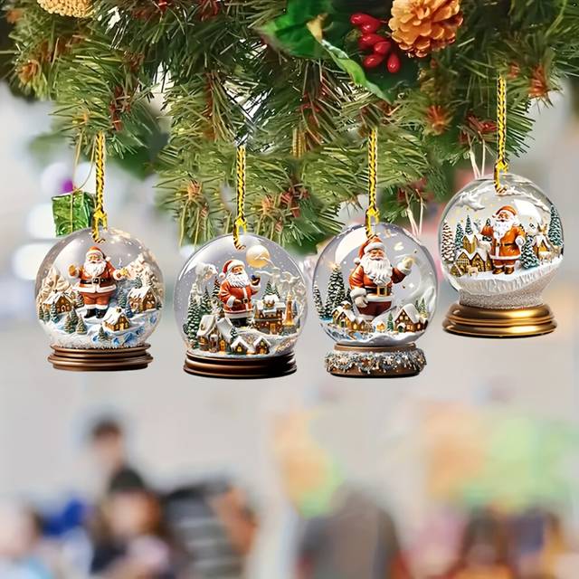 (4pcs) Boho Style Christmas Tree Ornaments - 4pc Acrylic Santa Claus Ball Decorations