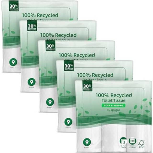 Toilet Roll, 3-ply 100% Recycled, Soft and Strong, 45 Rolls (5 Packs of 9), 200 Sheets per Roll, FSC Certified