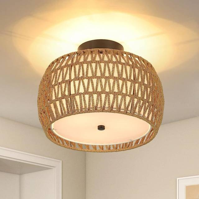 Retro Style Ceiling Light Hemp Rope Weaving Ceiling Light Vintage Ceiling Lights for Living Room Bedroom Kitchen Hallway