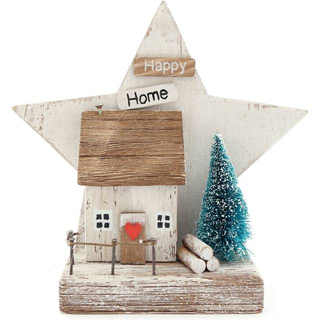 Rustic Happy Home Ornament | Charming Miniature Wooden House Christmas Ornament | Festive Star & House Christmas Scene - 17cm