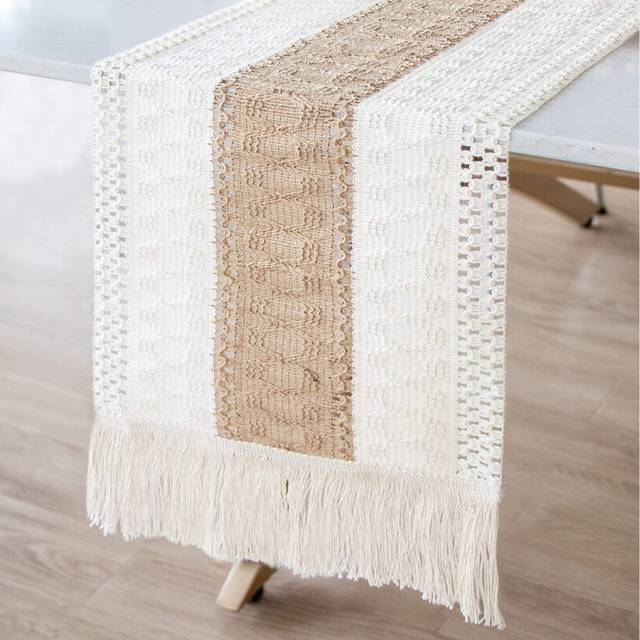 Macrame Table Runners Natural Burlap Table Runner, Splicing Cotton Boho Table Runner with Tassels for Bohemian Wedding Bridal Shower Rustic Home