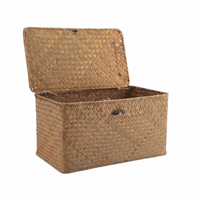 Handmade Straw Woven Storage Basket with Lid Seagrass(M)