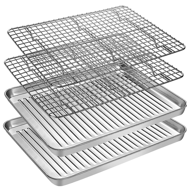moresk-Tray with Cooling Rack Set(2 Pans+2 Racks),Stainless Steel Cookie Pan with Cooling Rack for Oven,Nonstick Baking Pan
