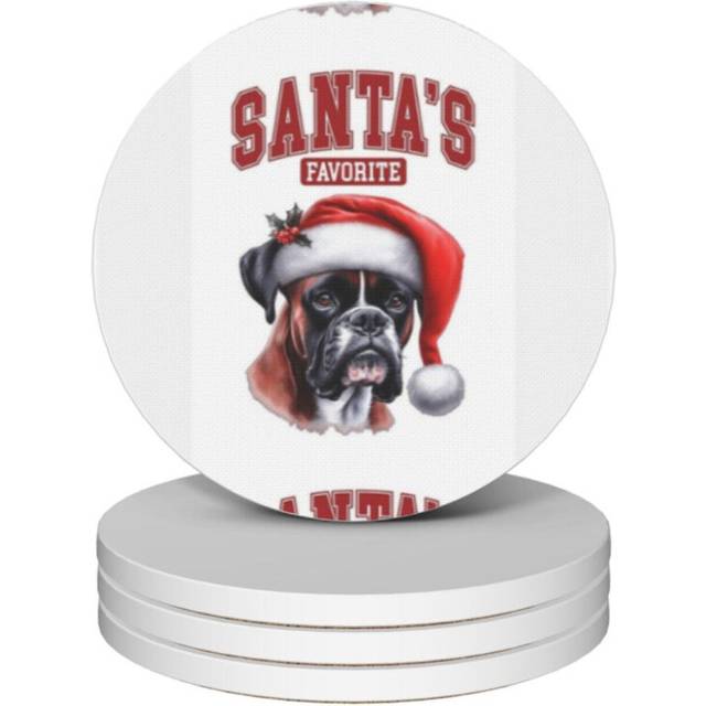(Santa's Favorite Boxer In Christmas=10603) Ceramic Coasters Set of 4 Xmas for Drink Wine Beer Bar with Cork Base Housewarming Birthday Christmas Gift