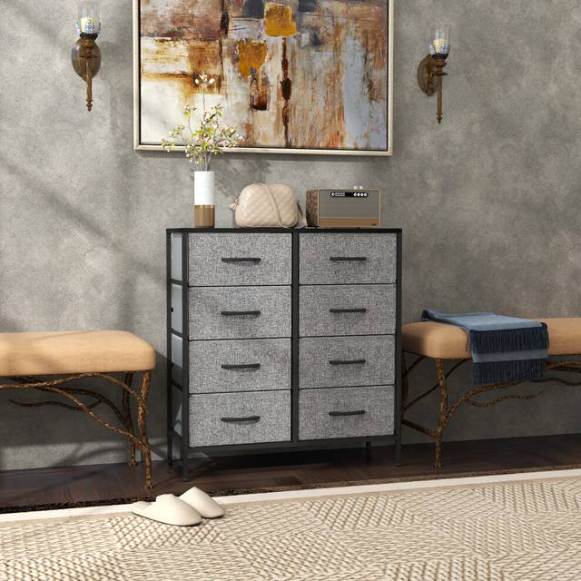 HOMCOM 8 Drawer Fabric Chest of Drawers w/ Wooden Top for Hallway Black