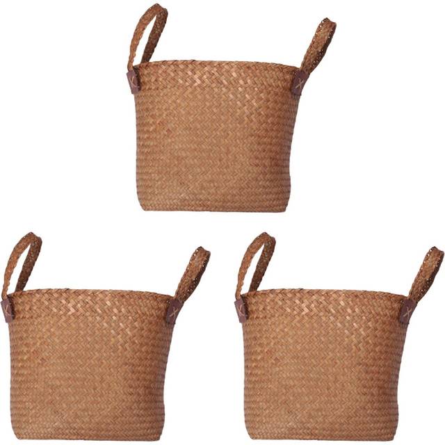 3X Natural Round Straw Basket Bin Handmade with Handgrip Orange 33X21X26cm