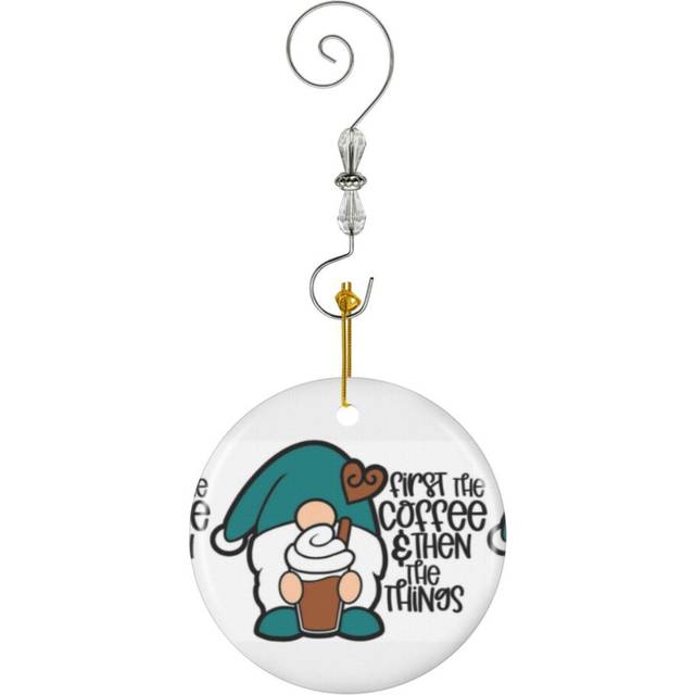 (Gnome Drinking Coffee - First The Coffee And Then The Things-1432) Christmas Ornaments Ceramic Charm with Hook Crystal Handmade Xmas Tree Decorations