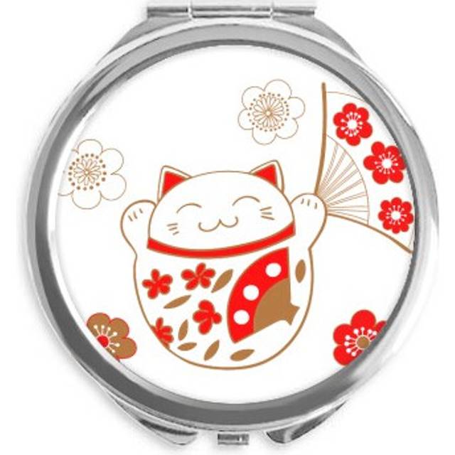 Lucky Fortune Cat Flower Fan Japan Hand Compact Mirror Round Portable Pocket Glass
