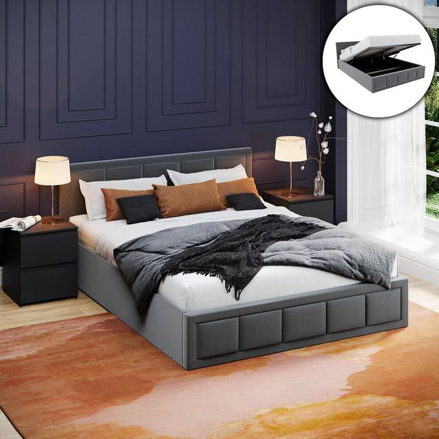 (King, Dark Grey) Vanita Modern Ottoman Storage Fabric Bed UKFR