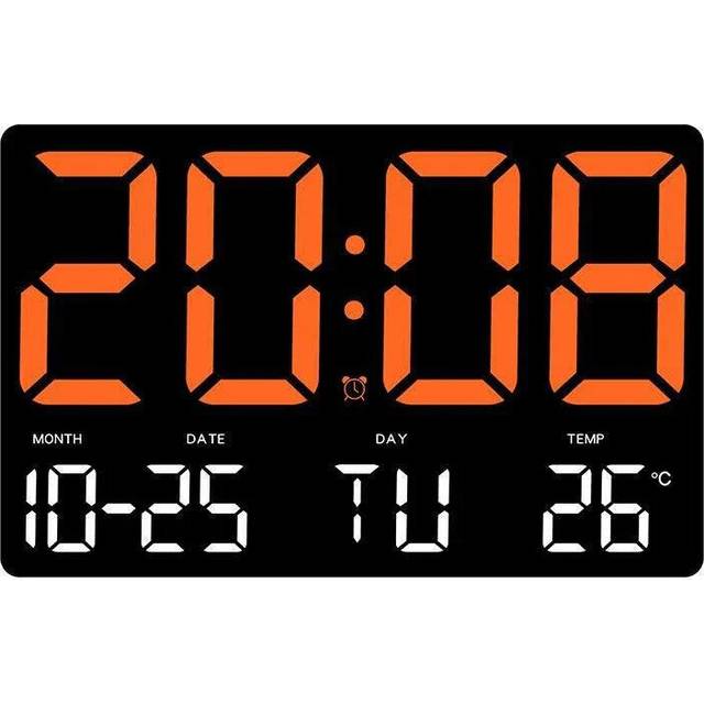 (Orange) Large Digital Wall Clock with LED Display, Adjustable Brightness, Indoor Temperature, Date, Week, 12/24H for Home, Office, Classroom