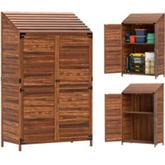 Outsunny Wooden Garden Storage Shed w/Double Doors and Shelves, Mixed-Brown, Brown