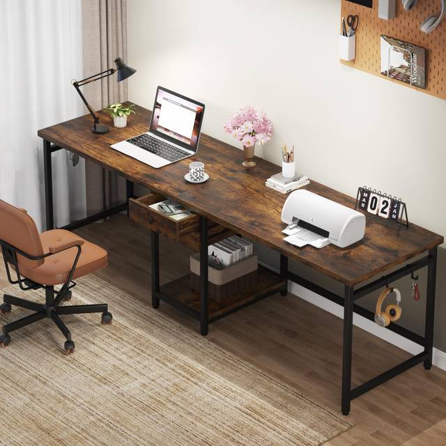 Tribesigns 200 cm Long Desk, Double Computer Desk with 2 Drawers, Two Person Desk Workstation with Storage Shelves, Writing Table Study Desk for Home