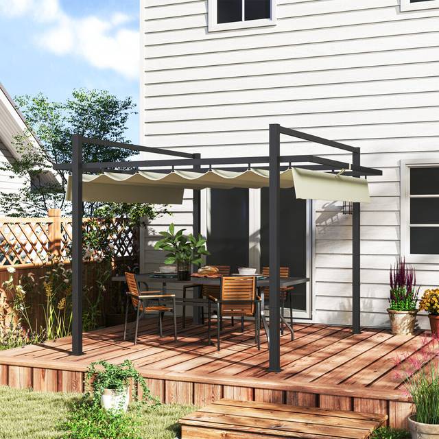 Outsunny 3 x 3(m) Pergola with Retractable Roof and Aluminium Frame, Khaki