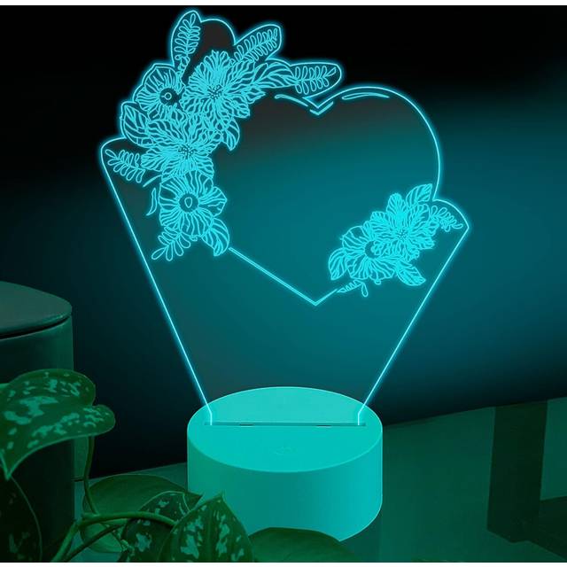 Love 3D Led Table Lamp, Heart Shape Couple with Exotic Flowers Art, Optical Illusion Acrylic Glass Plate