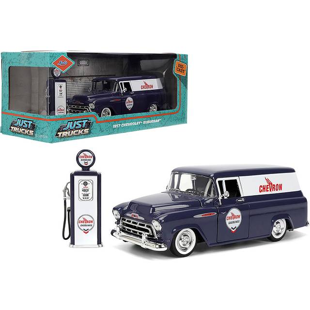 1957 Chevrolet Suburban "Chevron" Dark Blue with White Stripes and Chevron Gas Pump "Just Trucks" Series 1/24 Diecast Model Car by Jada