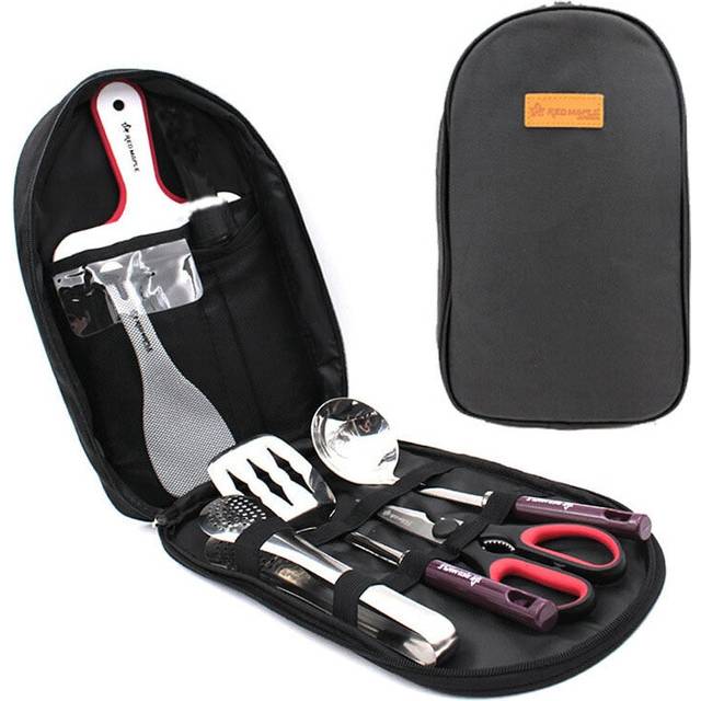 (Black) 7 pcs Camp Kitchen Utensil Organizer Travel Set Portable BBQ Camping Cookware Utensils Travel Kit