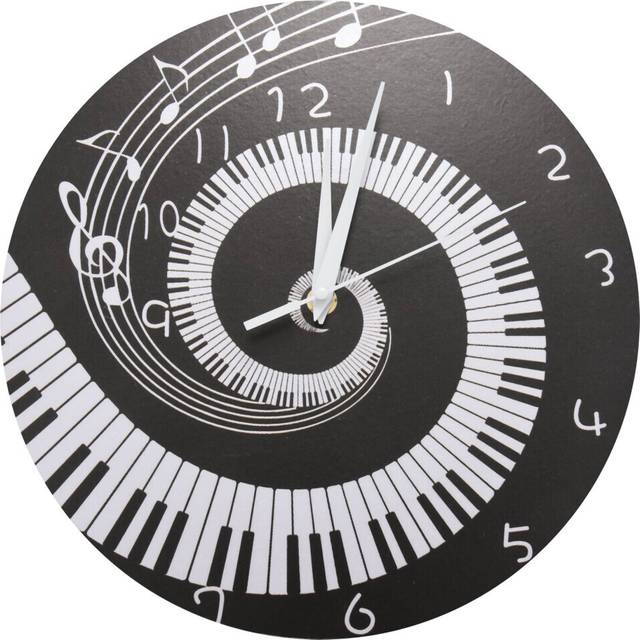 Elegant Piano Key Clock Music Notes Wave Round Modern Wall Clock Without Battery Black + White Acrylic