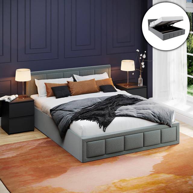 (King, Light Grey) Vanita Modern Ottoman Storage Fabric Bed UKFR