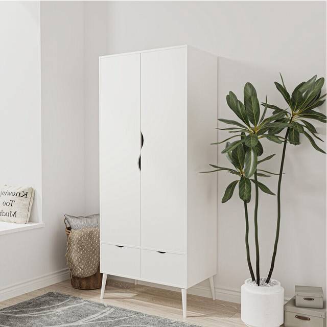 (White) 2 Door 2 Drawer Wardrobe with Scandi Legs Cupboard Hanging Rail 180cm