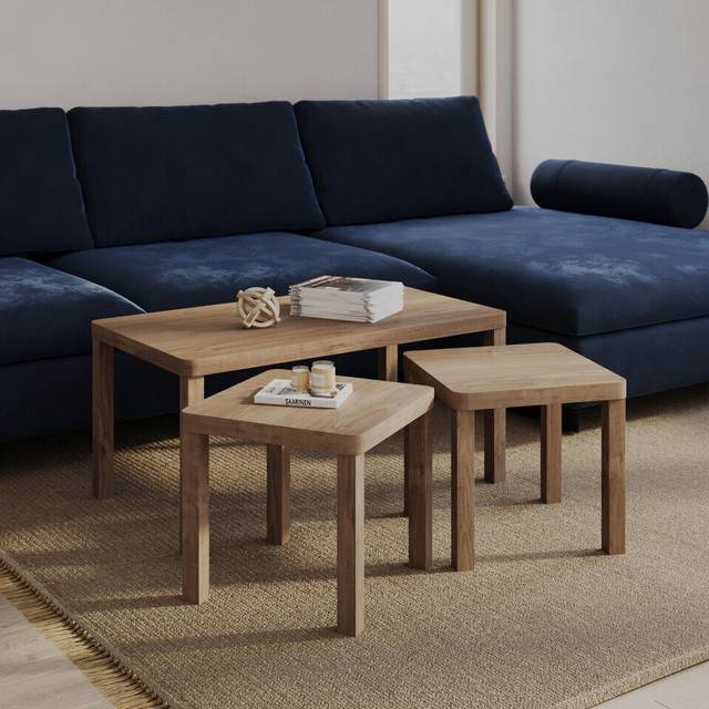 (Oak) Set of 3 Wooden Nesting Stacking Coffee Side Centre Tables Living Room Furniture