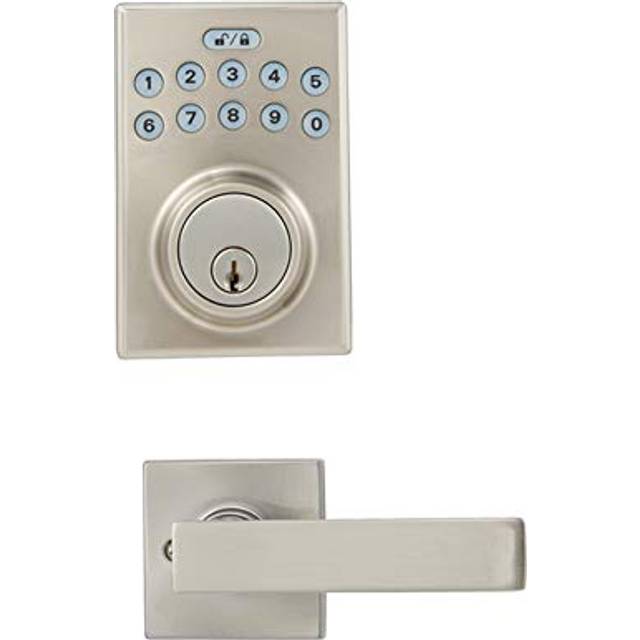 Amazon Basics - Contemporary Electronic Keypad Deadbolt Door Lock with Passage Lever  4.56 x 3.01 x 0.1 in  Satin Nickel  1-Pack