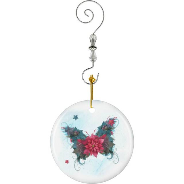 (Christmas Poinsettia Butterfly-5702) Christmas Ornaments Ceramic Charm with Hook Crystal Handmade Xmas Tree Decorations KeepsakeÂStocking Stuffer