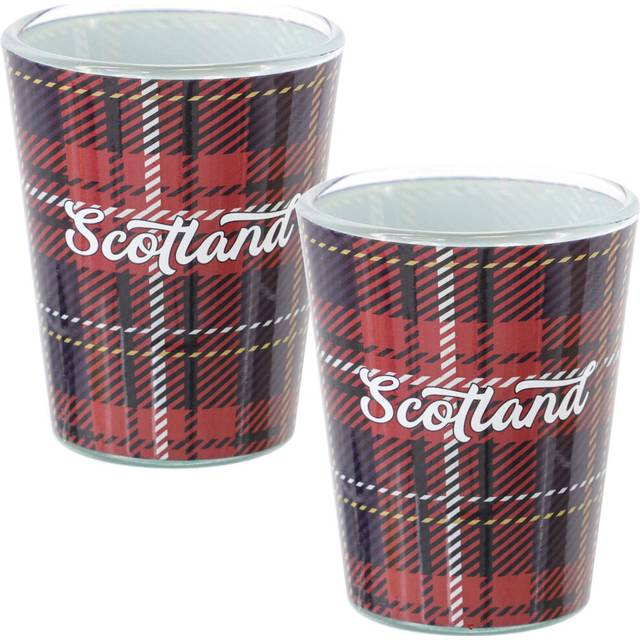 (Tartan) Set of 2 Double Shot Glasses 50ml Scottish Designs - Thistle Piper Nessie Tartan