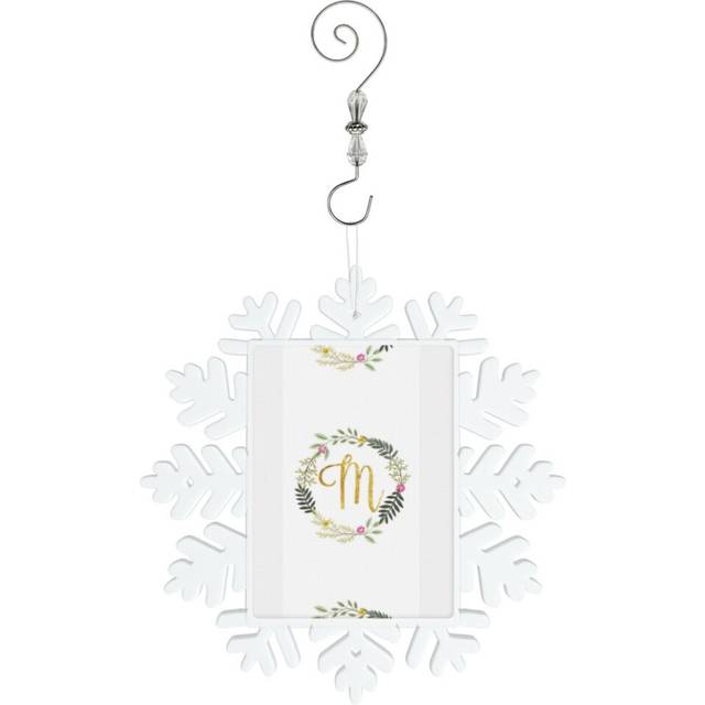 (Floral And Gold Initial Monogram M=9046) Christmas Ornament Snowflake Tree Decoration Car Hanging Charm Gift with Hook Keepsake for Friends Family