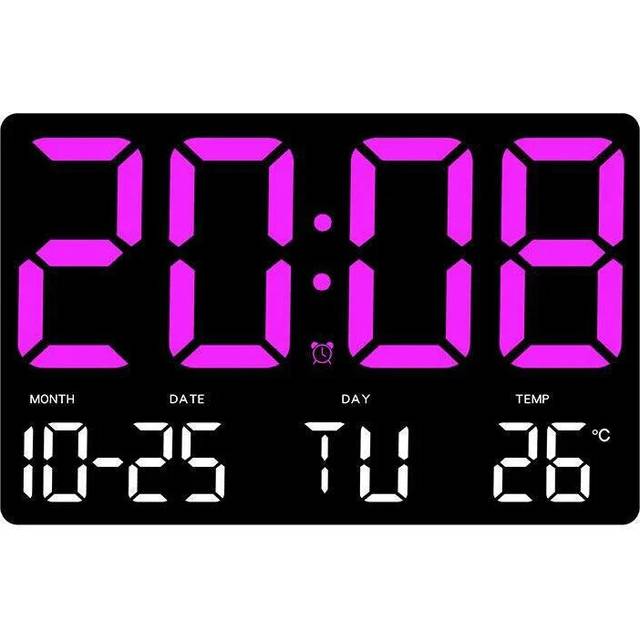 (Purple) Large Digital Wall Clock with LED Display, Adjustable Brightness, Indoor Temperature, Date, Week, 12/24H for Home, Office, Classroom