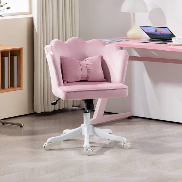 HOMCOM Velvet Office Chair with Petal Shell Back and Lumbar Pillow, Armless Desk Chair with Wide Seat and Tilt Function, Height Adjustable Swivel Makeup Vanity Chair for Bedroom, White