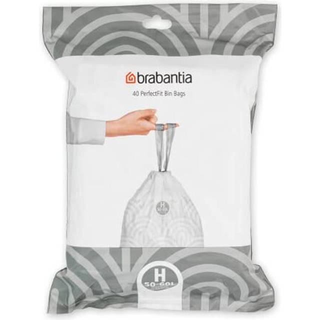 Brabantia 138744 PerfectFit Bin Liners (Size H/50-60 Litre) Thick Plastic Trash Bags with Tie Tape Drawstring Handles (40 Bags), White