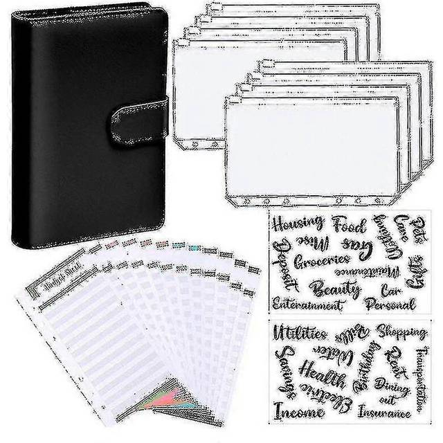 (Black, One size) A6 Binder Budget Planner Notebook Covers Folder Size 6 Hole Pockets Plastic Zipper Money Saving Envelope