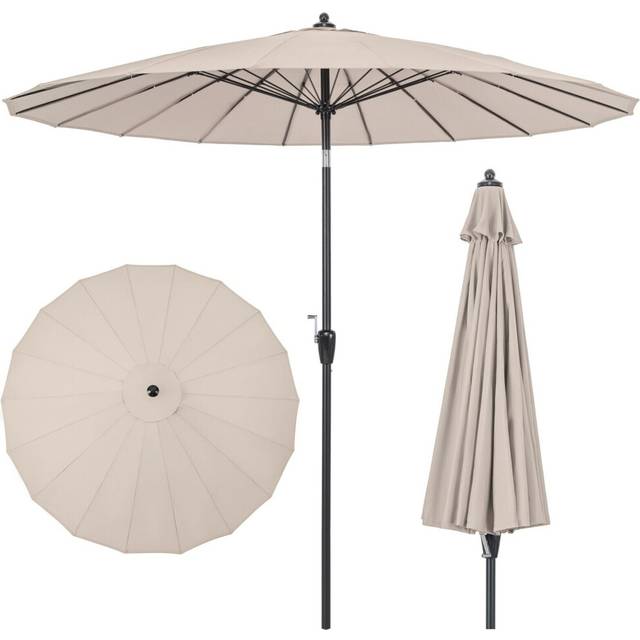 260 cm Round Patio Sun Umbrella Large Pulley Lift Market Umbrella-Beige