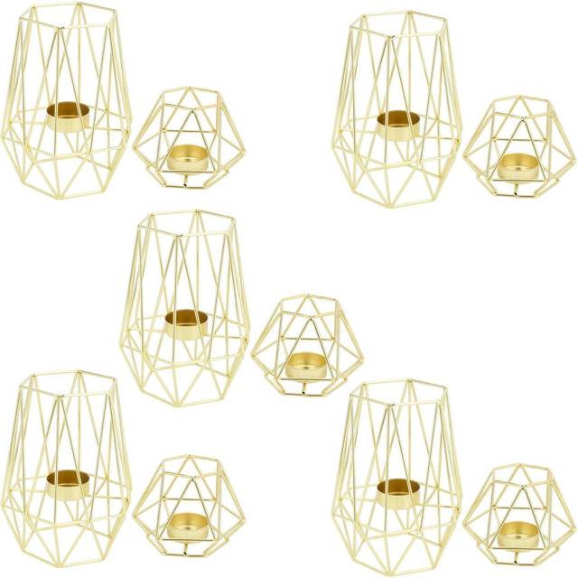 Set of 10 Gold Geometric Metal Tealight Candle Holders for Living Room & Bathroom Decorations - Centerpieces