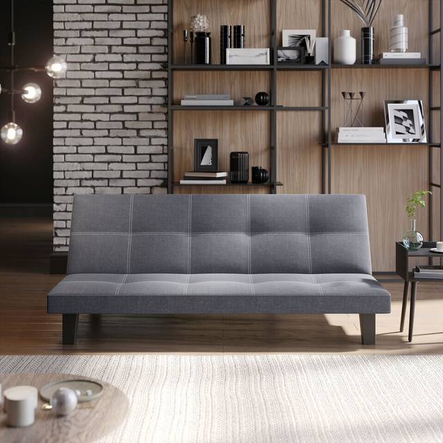 (Grey Fabric) 3 Seater Folding Sofa Bed Upholstered Couch Futon Settee Love Seat Wooden Legs