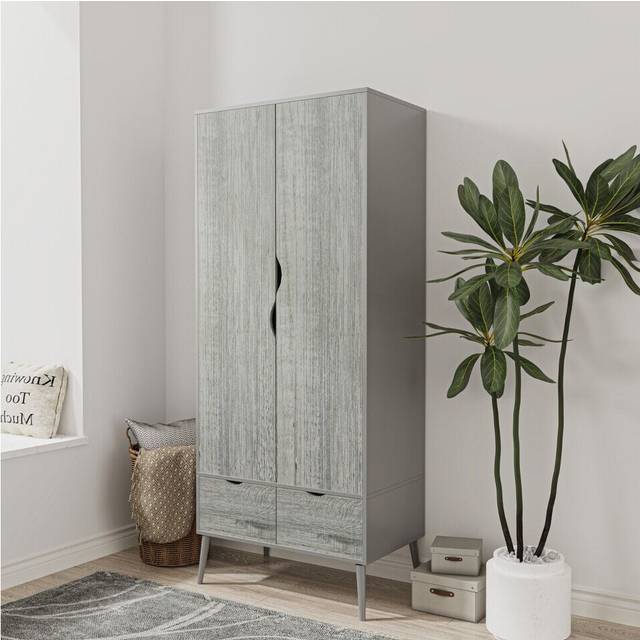 (Grey Ash Grey) 2 Door 2 Drawer Wardrobe with Scandi Legs Cupboard Hanging Rail 180cm