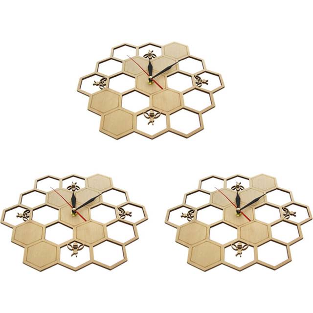 3X Cut Wood Clock on Honey Comb Hexagon Nature Watch Wall Clock Geometric Kitchen Art Decor