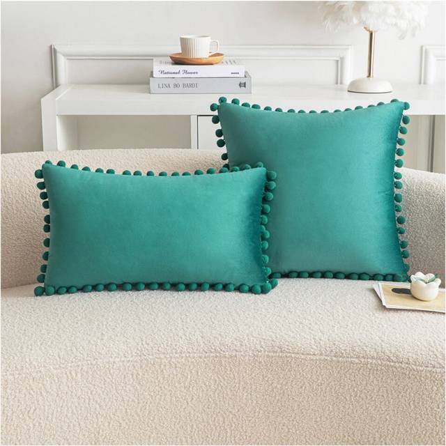 (Turquoise) Set of 2 Solid Color Velvet Throw Pillow Cover with Pom Poms, Soft Pillowcases with Zipper Closure, Decorative Cushion Cover for Sofa Chai