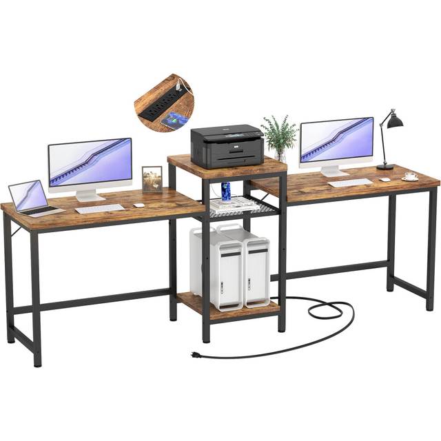Unikito Double Desk with Power Outlet, 2 Person Desk with Open Storage Shelves and Printer Stand, Computer Desk for Home Office Desk, Long desk,