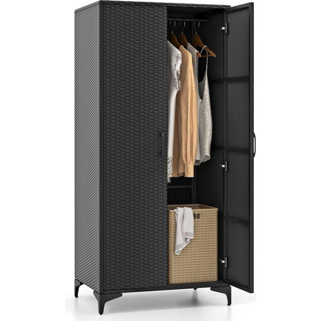 Wicker Wardrobe PE Rattan Wardrobe Armoire Closet w/ Hanging Rod-Black