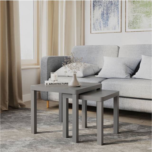 (Grey) Set of 2 Square Wooden Nesting Stacking Coffee Side Tables Living Room Furniture